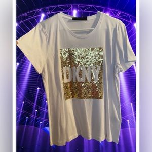 DKNY white short sleeve T- shirt with gold lettering